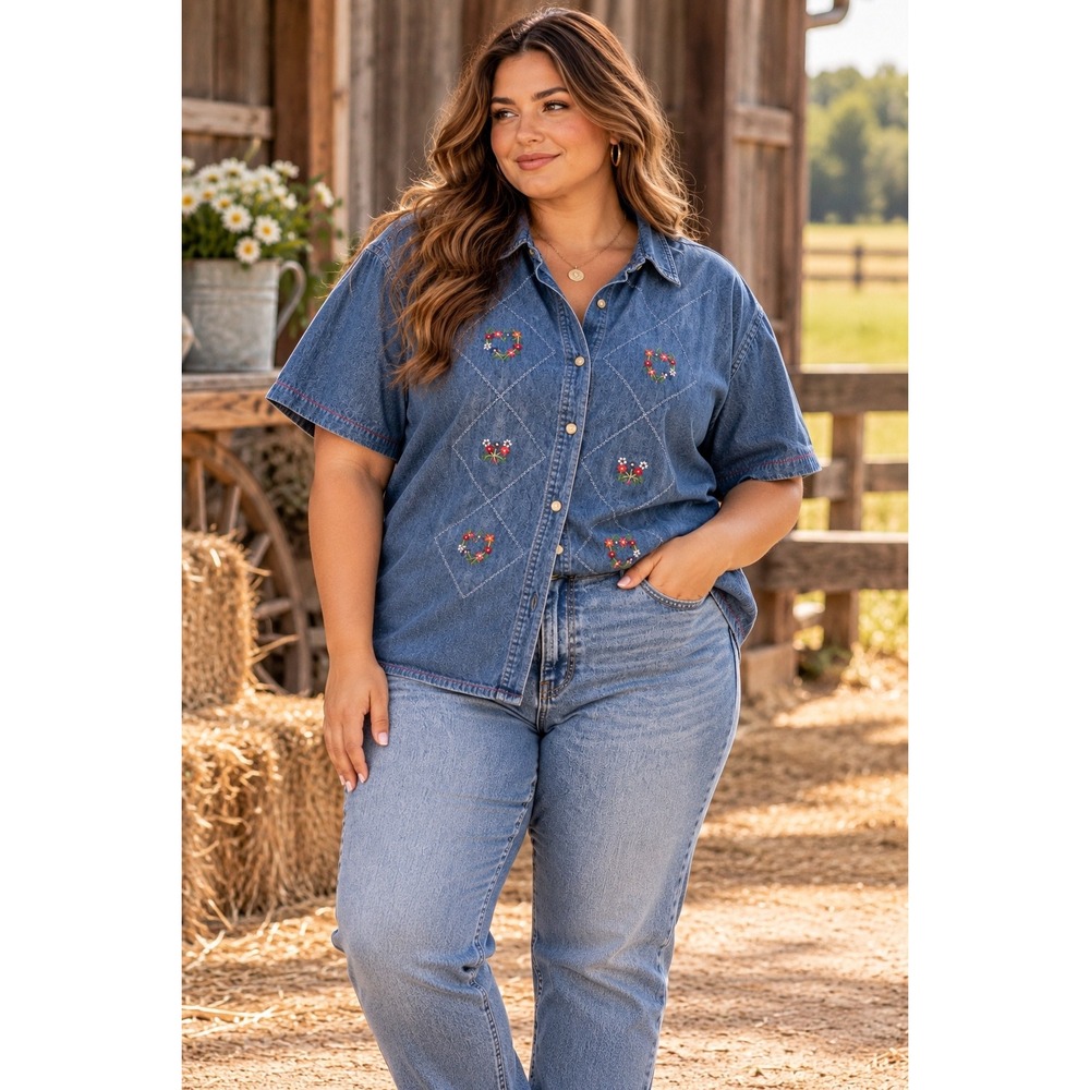 Vintage 90s Denim Shirt 2X Embroidered Floral Cottagecore Western Button Up